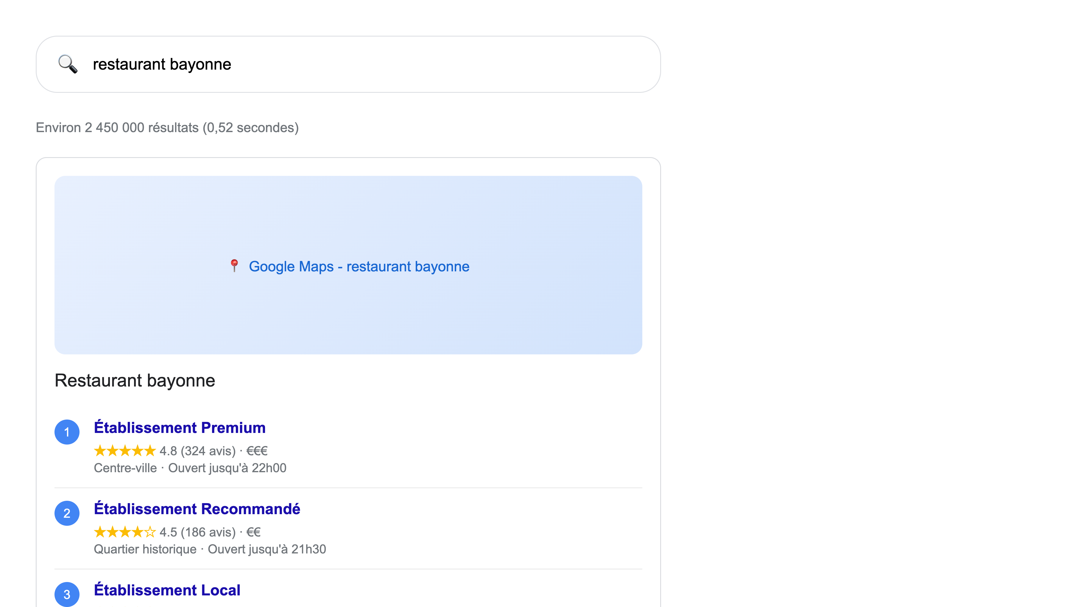 Résultats de recherche Google pour restaurant Bayonne - Pack local Google Maps