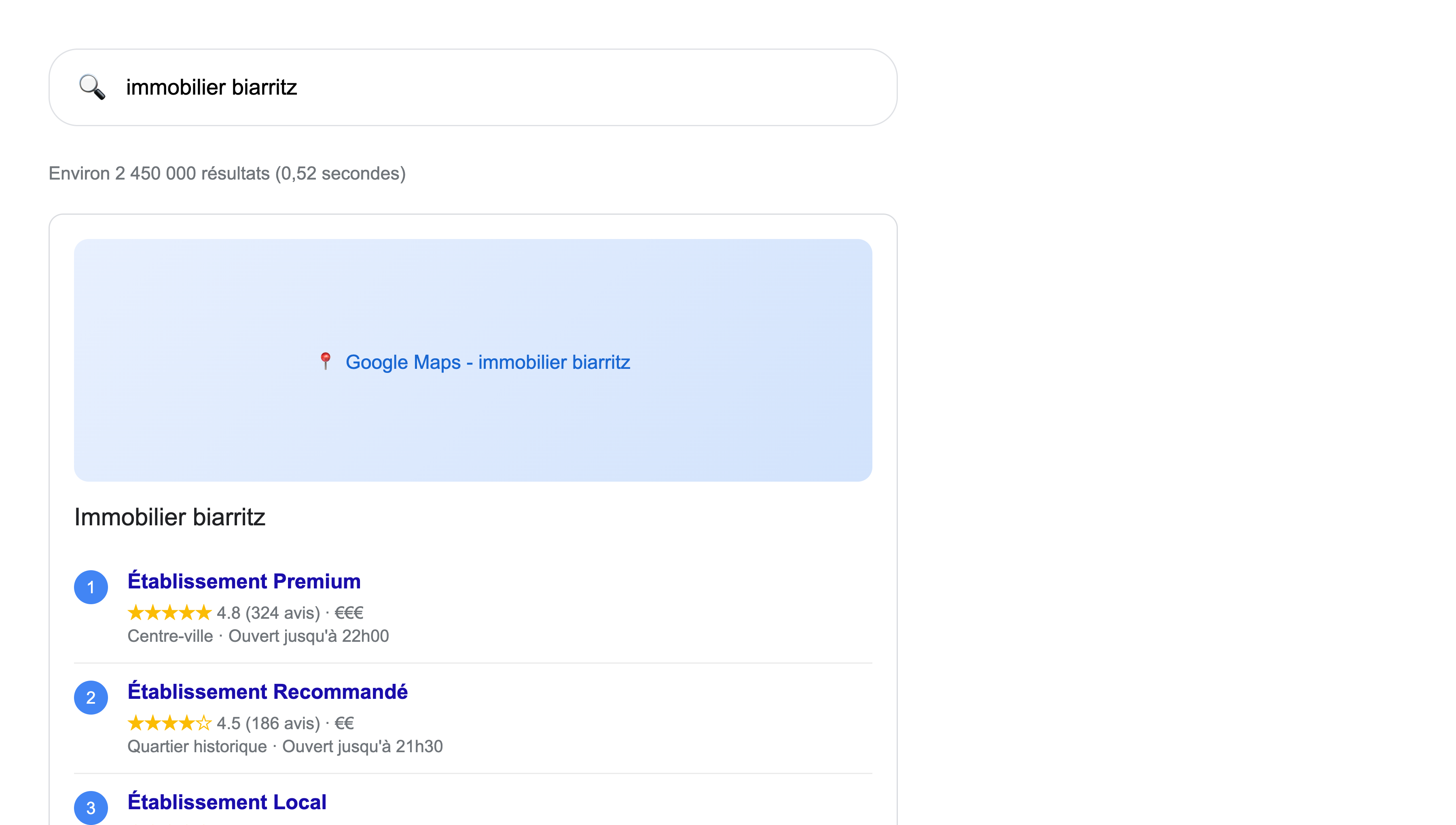 Résultats de recherche Google pour restaurant Biarritz - Pack local Google Maps