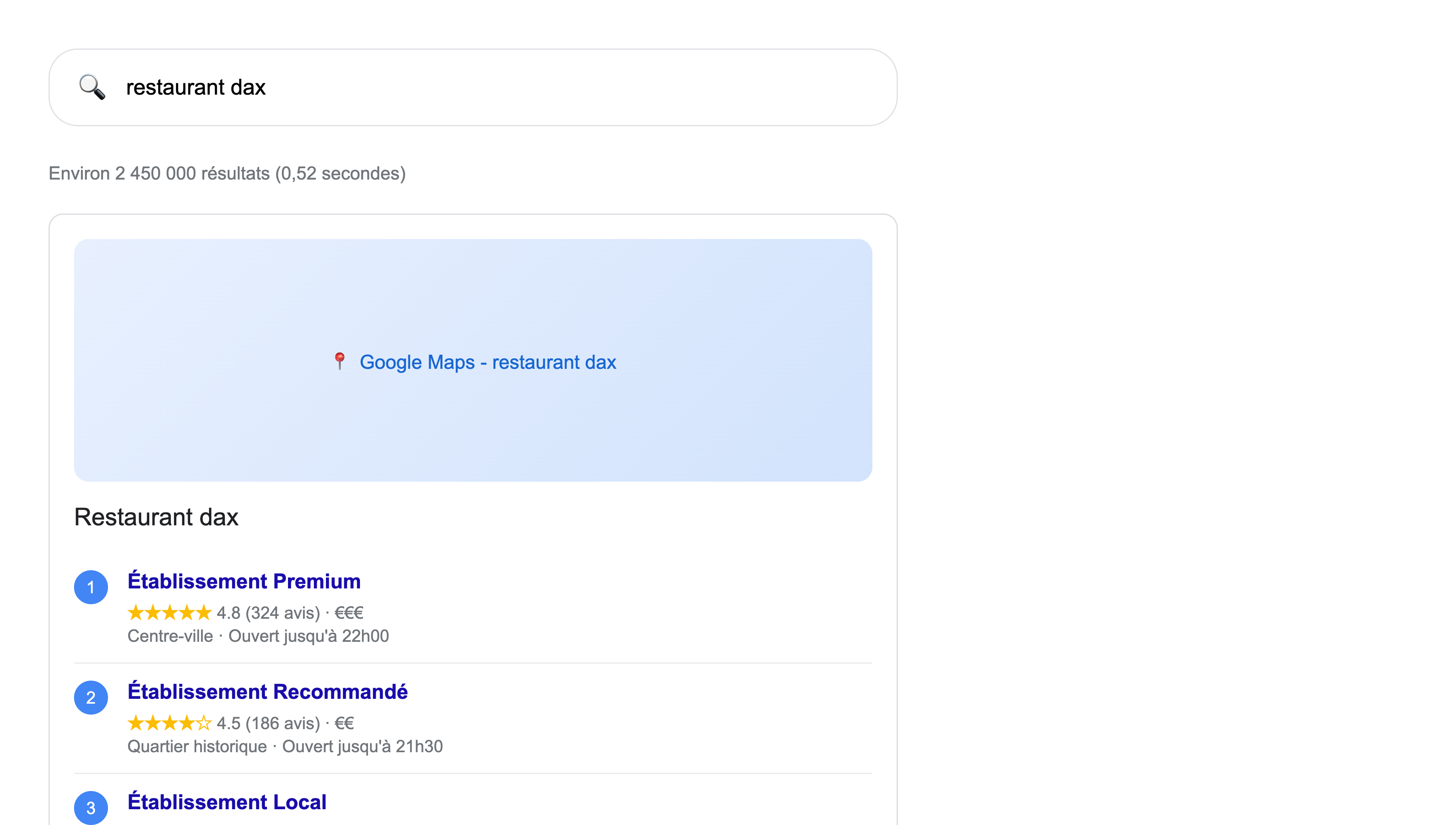 Résultats de recherche Google pour restaurant Dax - Pack local Google Maps