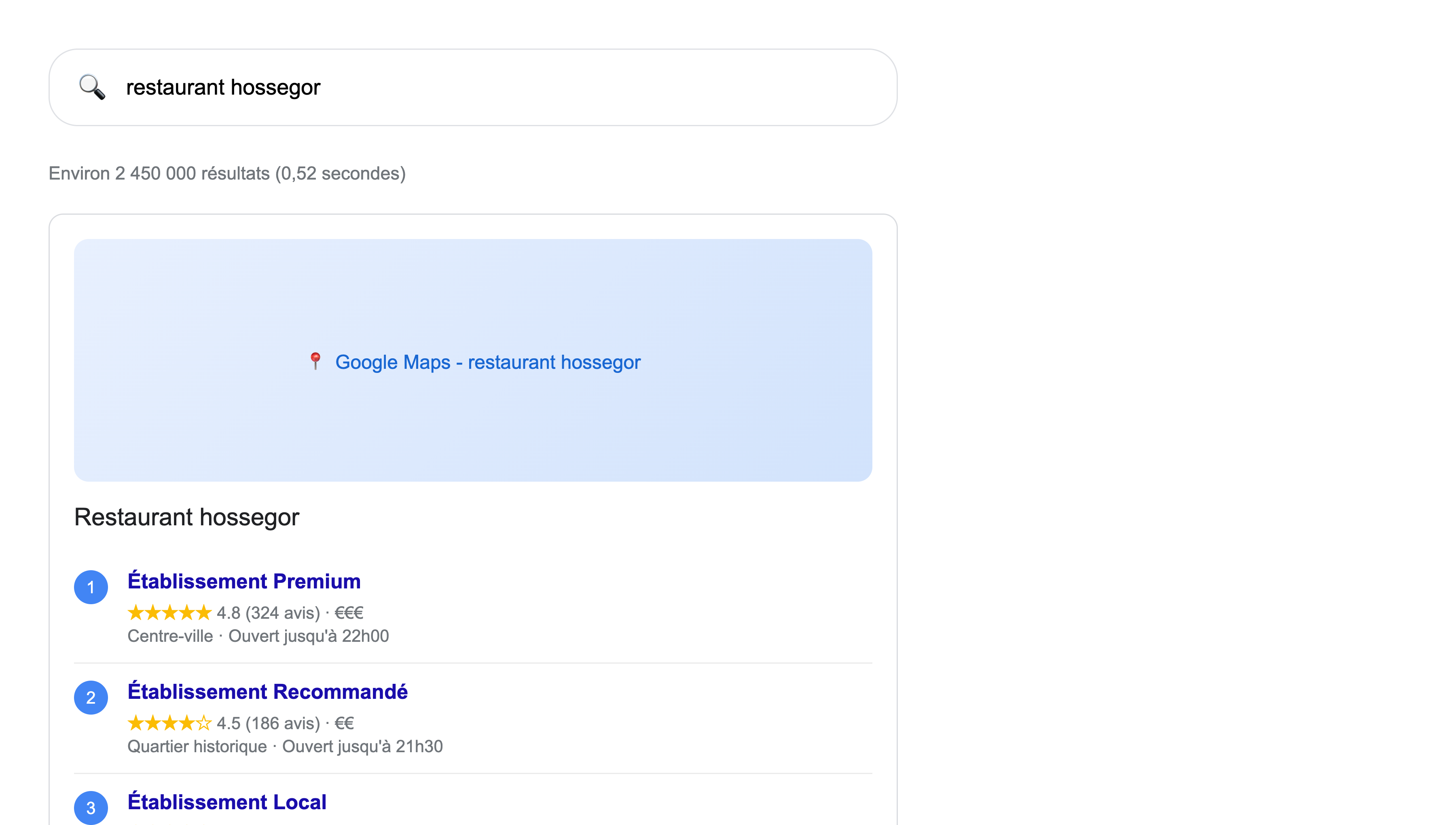 Résultats de recherche Google pour restaurant Hossegor - Pack local Google Maps