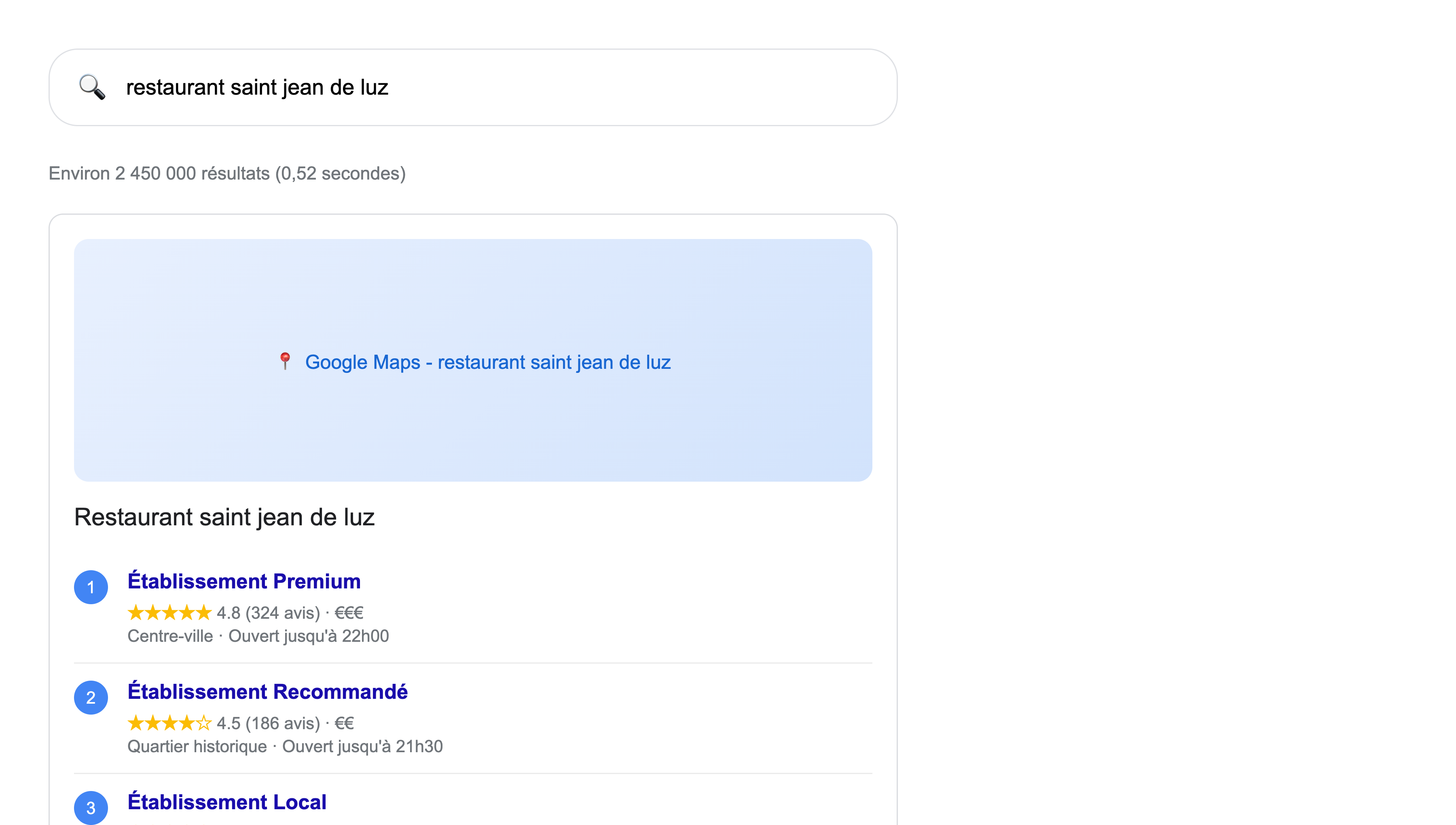 Résultats de recherche Google pour restaurant Saint-Jean-de-Luz - Pack local Google Maps